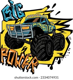 Monster Track car typography print. Off road truck illustration. Vector illustration,  boys background  For print, baby clothes, t shirt, child or posters