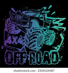 Monster Track car typography print. Off road truck illustration. Vector illustration,  boys background  For print, baby clothes, t shirt, child or posters