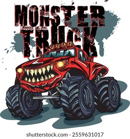 Monster Track car typography print. Off road truck illustration. Vector illustration,  boys background  For print, baby clothes, t shirt, child or posters