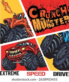 Monster Track car typography print. Off road truck illustration. Vector illustration,  boys background  For print, baby clothes, t shirt, child or posters
