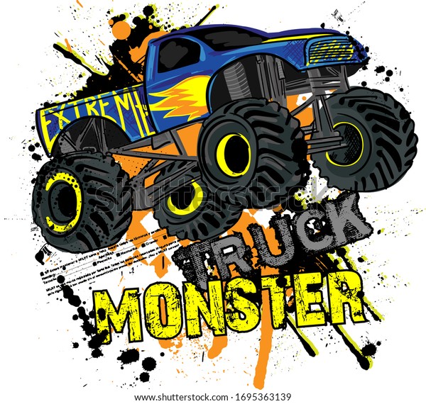 Monster Track car typography print. Vector\
illustration,  boys background  For print, baby clothes, t shirt,\
child or posters
