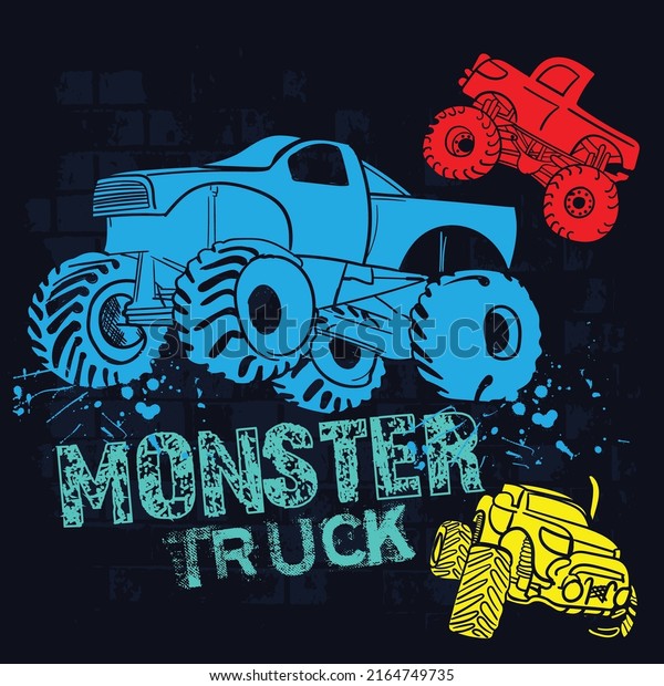 Monster Track car typography print. Vector\
illustration,  boys background  For print, baby clothes, t shirt,\
child or posters