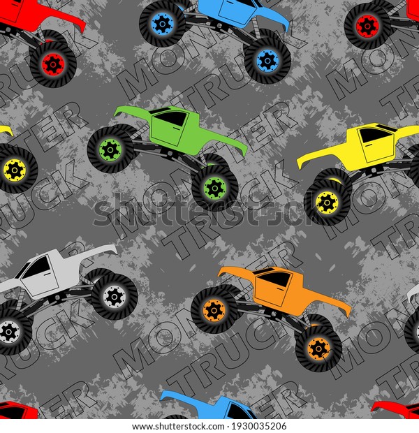 Monster track. Seamless grunge pattern with\
multicolored cars.