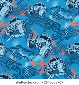 Monster track Seamless pattern, tire marks, checkered flags, graffiti-style text Break the Rules, extreme, grunge textured background in blue colors. Grunge urban design for boys, textile.