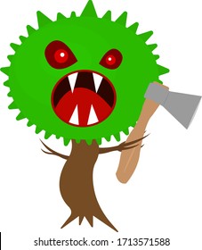 monster tree with an ax in hand holding a branch and sharp fangs concept forest plant object on a white background