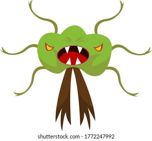 Monster tree for Halloween cartoon character with evil orange eyes and sharp fangs object on a white background concept of the autumn holiday and mysticism