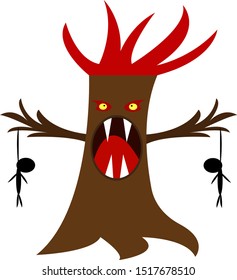 monster tree on whose branches dead people hang halloween concept object on a white background