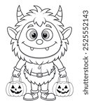 Monster Trick-or-Treating Coloring Page. Fun and spooky monster holding two jack-o