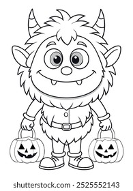 Monster Trick-or-Treating Coloring Page. Fun and spooky monster holding two jack-o'-lanterns, Halloween