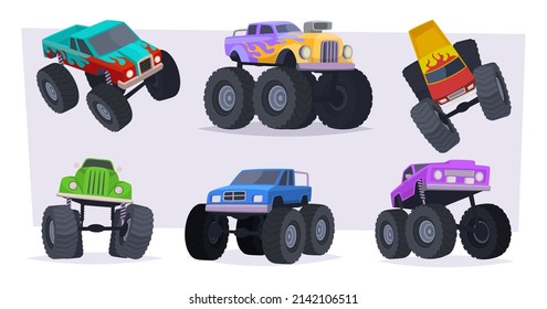 Camión. Vehículos de estilo agresivo con grandes ruedas transporte de dibujos animados para niños ilustraciones exactas de color vectorial