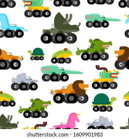 Monster Truck animal pattern seamless. Cartoon car beast on big wheels. Baby fabric ornament. vector background
