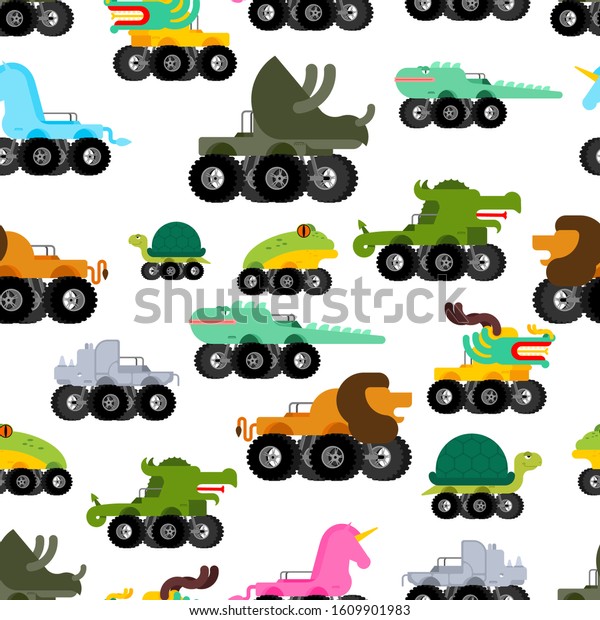 Monster Truck\
animal pattern seamless. Cartoon car beast on big wheels. Baby\
fabric ornament. vector\
background