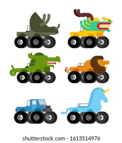 Monster Truck animal set. Cartoon car beast on big wheels. vector illustration