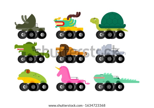 Monster Truck animal set. Cartoon car beast\
on big wheels. vector\
illustration