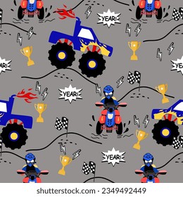 Monster truck  and ATV Moto cartoon pattern design .monster truck pattern for kids clothing, printing, fabric ,cover. Monster car pattern.extreme sport