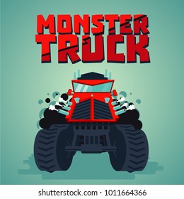 Monster truck. Big car, cartoon style. Isolated illustration. Front view