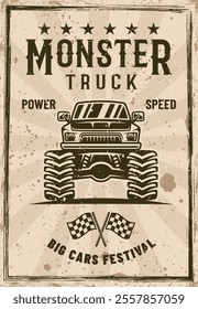 Monster truck big car festival, vintage colorful poster vector illustration. Layered, separate grunge texture and text