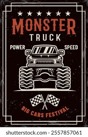 Monster truck big car festival, vintage colorful poster vector illustration. Layered, separate grunge texture and text