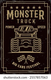 Monster truck big car festival, vintage colorful poster vector illustration. Layered, separate grunge texture and text