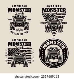 Monster truck big car set of vector emblems in monochrome style on light background