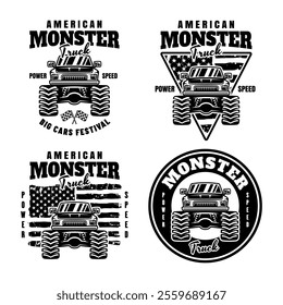 Monster truck big car set of vector emblems in monochrome style on white background