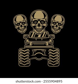  Monster truck big car and skulls vector illustration in vintage golden style on dark background