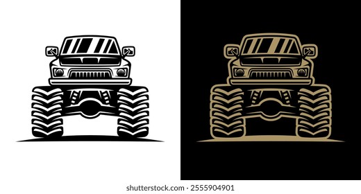  Monster truck big car and skulls vector illustration in two styles black on white and golden on dark background