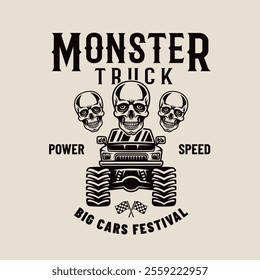 Monster truck big car and skulls vector emblem in monochrome style on light background