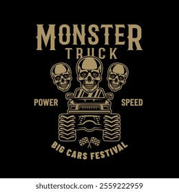 Monster truck big car and skulls vector emblem in monochrome style on dark background