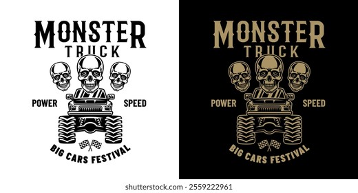 Monster truck big car and skulls vector emblem in two styles black on white and color on dark background