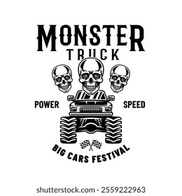 Monster truck big car and skulls vector emblem in monochrome style isolated on white background