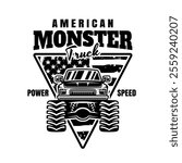 Monster truck big car vector emblem in monochrome style isolated on white background