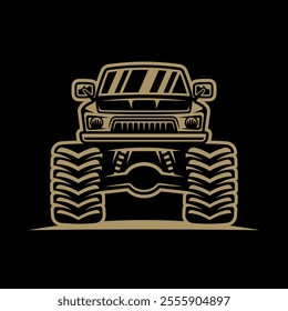  Monster truck big car vector illustration in vintage golden style on dark background