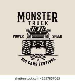 Monster truck big car vector emblem in monochrome style on light background