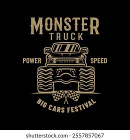 Monster truck big car vector emblem in colored gold style on dark background