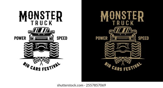 Monster truck big car vector emblem in two styles black on white and color on dark background