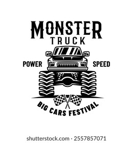 Monster truck big car vector emblem in monochrome style isolated on white background