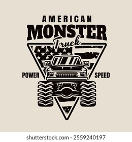 Monster truck big car vector emblem in monochrome style on light background