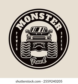 Monster truck big car vector emblem in monochrome style on light background