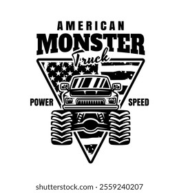 Monster truck big car vector emblem in monochrome style isolated on white background