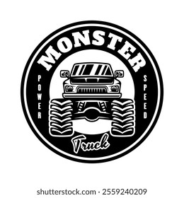 Monster truck big car vector emblem in monochrome style isolated on white background