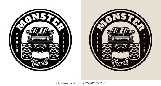 Monster truck big car vector emblem in monochrome style on light background