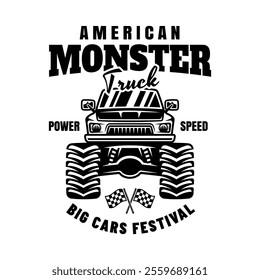 Monster truck big car vector emblem in monochrome style on white background