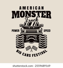 Monster truck big car vector emblem in monochrome style on light background