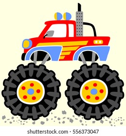 monster truck with big wheels, vector cartoon illustration