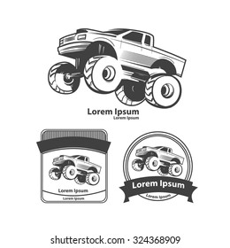 monster truck, bigfoot car, logo, design elements, simple illustration