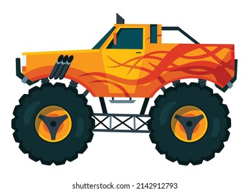 Monster truck. Bright colorful cartoon auto with big wheels. Heavy car with large tires and black tinted windows. Isolated rally 4x4 computer or mobile game