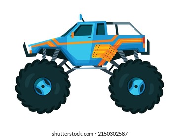 Monster truck. Bright colorful cartoon auto with big wheels. Heavy car with large tires and black tinted windows. Isolated rally 4x4 computer or mobile game