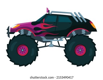 Monster truck. Bright colorful cartoon auto with big wheels. Heavy car with large tires and black tinted windows. Isolated rally 4x4 computer or mobile game