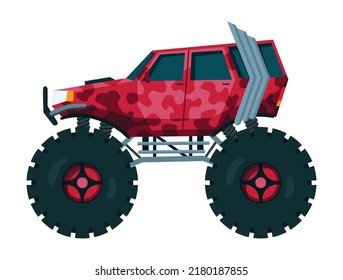 Monster truck. Bright colorful cartoon auto with big wheels. Heavy car with large tires and black tinted windows. Isolated rally 4x4 computer or mobile game